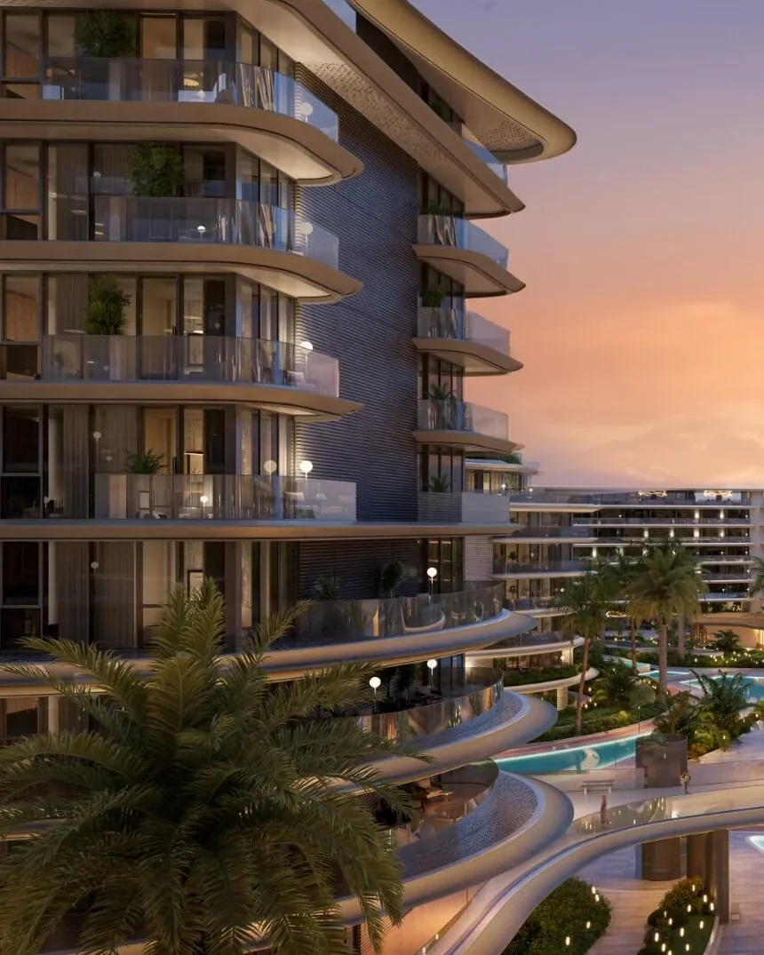 The Meriva Collection: curved residential balconies at sunset — architectural rendering